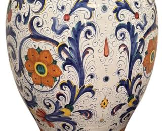 Large Italian Pottery Ceramic Vase Umbrella Stand in Popular Ricco Deruta Pattern with Wooden Stand