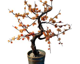Carnelian Quartz Bonsai Tree in Cloisonne Pot
