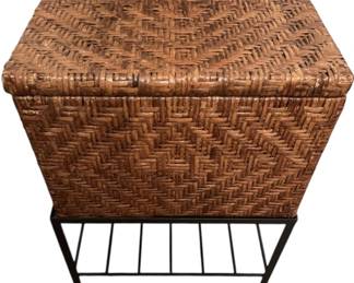 Pottery Barn Crosshatched Wicker Reed Wrapped Hinge Lidded Keepsake Box on Metal Stand