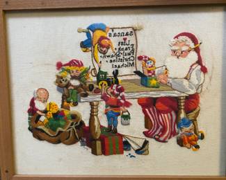 Vintage Framed Needlepoint Santa's List Christmas