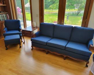 Victorian Napoleonic Blue Upholstery Sofa & Armchair Suite with Claw & Ball Feet, Available Separately. From Chellis House In Wooster. Excellent Condition!