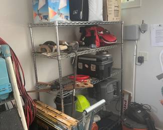 Shop vac, tool boxes, extension cords and saw horses