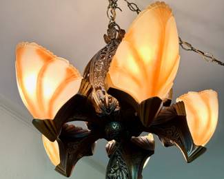 Antique 1930s Art Deco Batwing 5-Light Chandelier by Beardslee Chandelier Mfg. Company of Chicago.