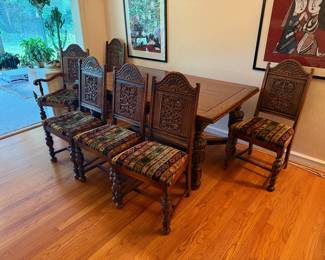 Antique Jacobean style dining table and chairs 