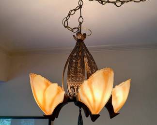 Antique 1930s Art Deco Batwing 5-Light Chandelier by Beardslee Chandelier Mfg. Company of Chicago.