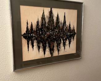MCM Signed City Scape Painting on Board