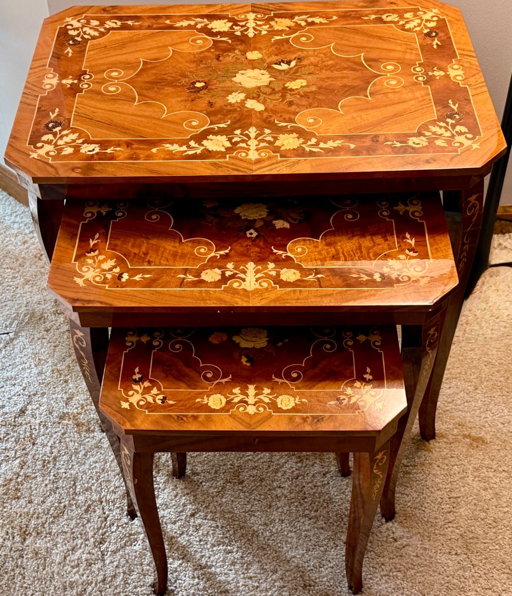 Beautiful Set of 3 Marquetry Inlaid Wood Nesting Tables