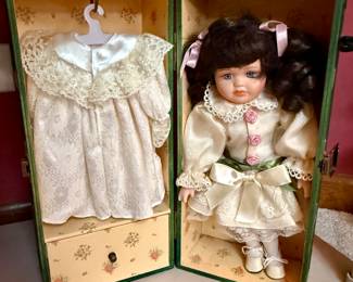 VINTAGE 12"~PORCELAIN~DOLL IN WOODEN WARDROBE TRUNK WITH ADDITIONAL OUTFIT