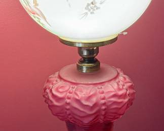 Vintage Electrified "Gone with the Wind" Lamp with Glass Shade and Cranberry Glass Base