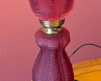 Vintage Electrified "Gone with the Wind" Lamp with Glass Shade and Victorian Cranberry Glass Base