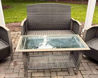 Outdoor Wicker Set with Loveseat, 2 Chairs, coffee table and Cushions