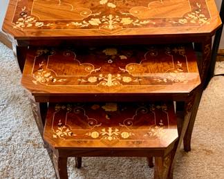 Beautiful Set of 3 Marquetry Inlaid Wood Nesting Tables