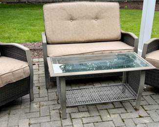 Outdoor Wicker Set with Loveseat, 2 Chairs, coffee table and Cushions