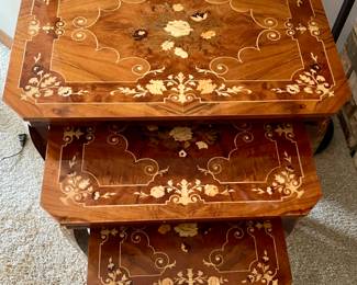 Beautiful Set of 3 Marquetry Inlaid Wood Nesting Tables