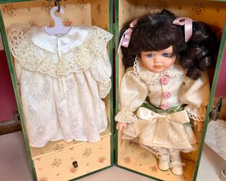 VINTAGE 12"~PORCELAIN~DOLL IN WOODEN WARDROBE TRUNK WITH ADDITIONAL OUTFIT