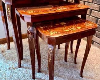 Beautiful Set of 3 Marquetry Inlaid Wood Nesting Tables