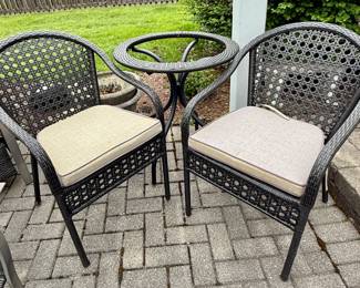Set of Two Wicker Side Chairs and Bistro Table (No Glass Insert) with Cushions