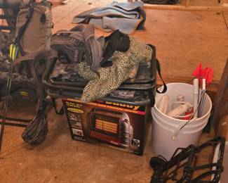 Portable indoor safe propane heater, buckets, miscellaneous