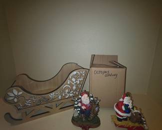 Christmas - sled, 2 Santa stocking holders