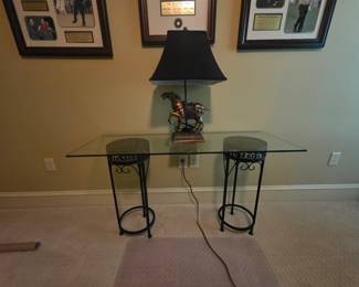 Glass top table with racing horse lamp