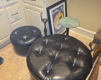 Stools, leather - small table with green marble top, tall candle stick, framed picture