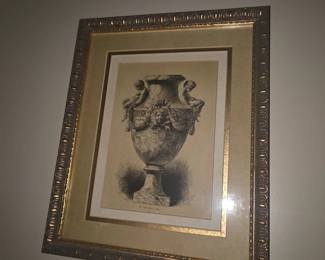 Framed urn picture under glass