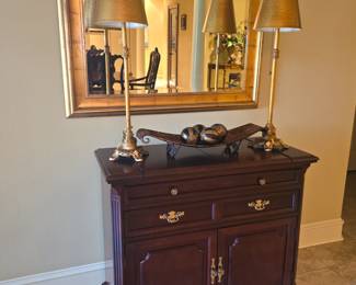 Bassett Chest in living room, matching lamps, standing bowl with decor