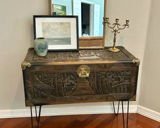 Chinese vintage hand carved chest. Original legs in chest