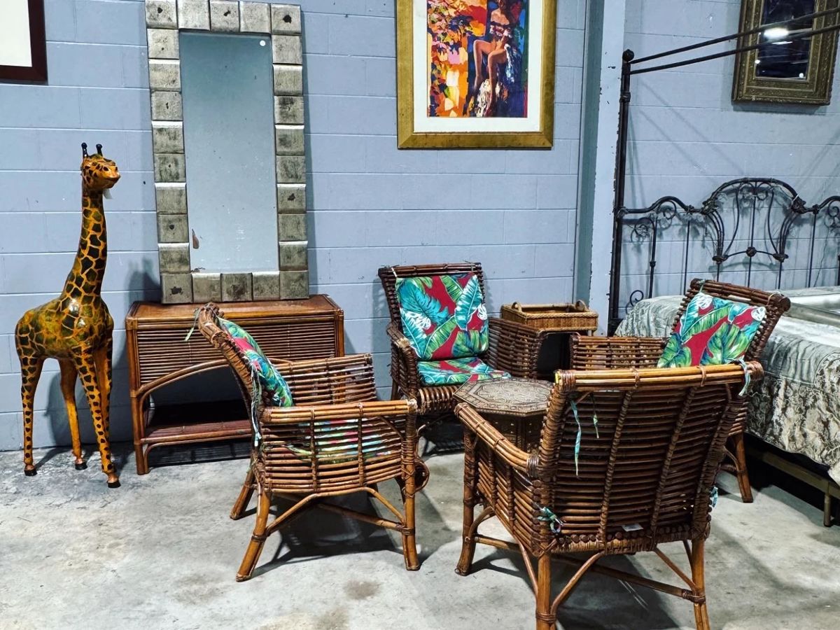 Bamboo Furniture, Artwork, Leather Wrapped Giraffe and Mirror Orlando Estate Auction