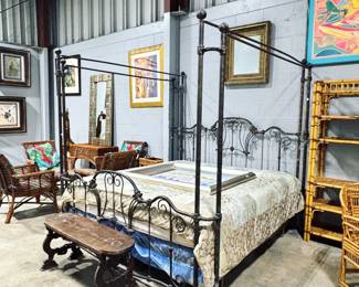 King Metal 4 poster Bed, Bamboo Furniture and Artwork Orlando Estate Auction
