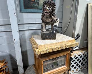 Cutting Board/Island and Hand Carved Wooden Foo Dog Orlando Estate Auction