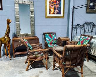 Bamboo Furniture, Artwork, Leather Wrapped Giraffe and Mirror Orlando Estate Auction