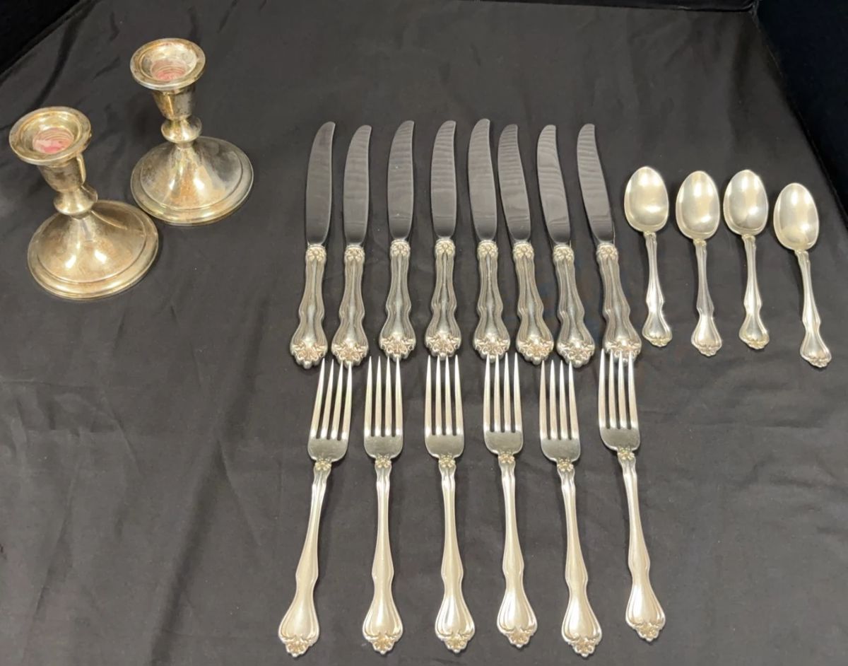 01 Westmoreland George Martha Washington Sterling Silver Flatware,925 Weighted Sterling Candle Holders