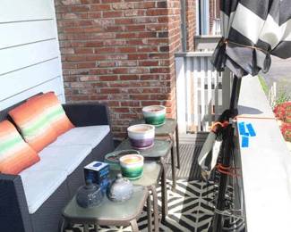 04 Patio Couch, 4 Tables, Umbrella With Stand , Rug, Pots