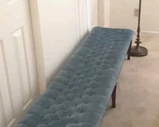 Vintage Smokey Blue Tufted Bench Antique Metal Floor Lamp