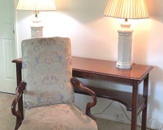 Wall Table, QueenAnne Style Arm Chair, Pair Of Lamps