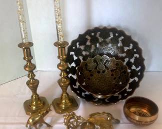 Brass Decorative Items 2 Candle Holders, 2 Elephants, 2 Decorative Floral Bowls,