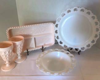 Milk Glass Plate Bowl And Pink Milk Glass Goblets And Vanity Tray