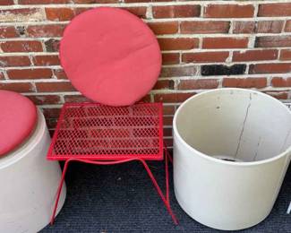 2 Very Large Crock Planterwith Round Seat Cushion Turn Over For A Seat, 2 Metal Side Tables