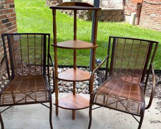 2 Vintage Brown Metal And Rattan Chairs, Corner Shelf