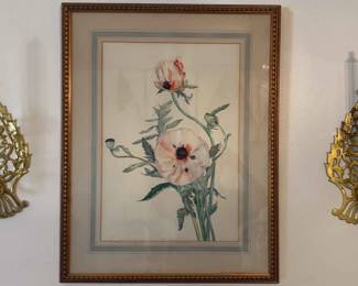 Pair Of Brass Sconces With Oil Candlesticks, MFWoodruff 1942 Framed Matted Watercolor Art
