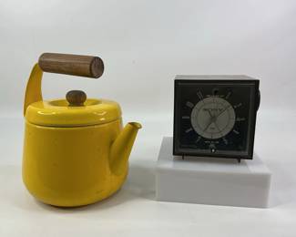 Sony Solid State Clock Radio and Yellow Teapot