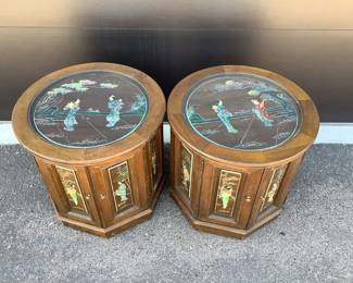 Pair of Wooden Side Tables with Asian Art Glass Top