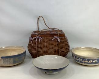 Wicker Picnic Basket and Pottery Bowls