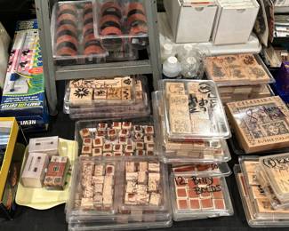 Arts and Crafts/Rubber Stamp Supplies: Stampin’ Up, Celestial Rubber Stamps, Trees, Flowers, Alphabet, Kanji, Halloween, Hearts, Headline Numbers and Alphas, Bamboo. Rubber stamp cleaner, stampin pads in a variety of colors.