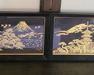 Pair of Black and Gold Asian Framed Art