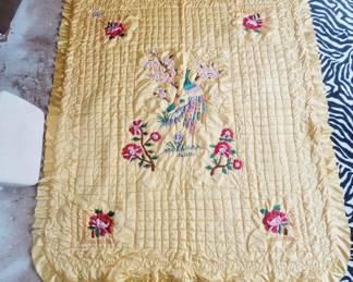 Asian Satin Embroidered Peacock Quilted Blanket