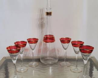 MCM Cranberry Gold Decanter w/6 Stemmed Glasses