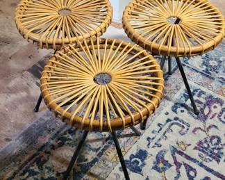 Dutch Rattan Stools Lot of 3