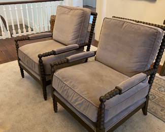 Atelier Home spindle chairs with velvet fabric. Excellent condition.